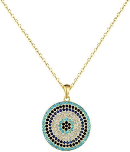 GOLDPAR 14K Gold Blue Sapphire Round Evil Eye Pendant Necklace, Turquoise Devil's Eye Chain Necklace, Lucky Jewelry Gift