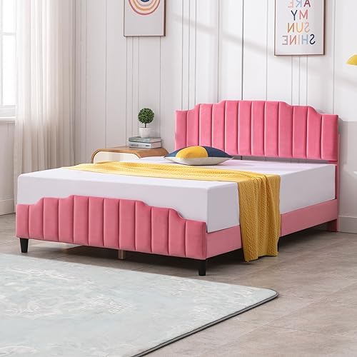 Zafly Kids Full Size Bed Frame with Headboard and Footboard, Children Bedroom Bed Frame, Upholstered Bed Platform with Slat Support, No Box Spring Needed, Wooden Pink Bed Frame for Girls-Princess Full