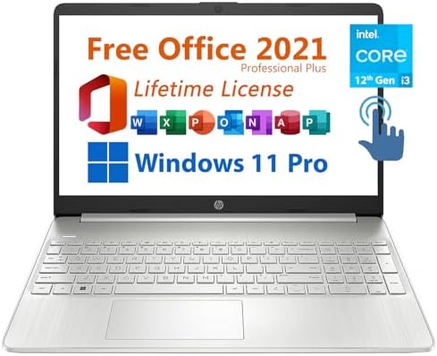 HP 15.6" Business Laptop, Free Microsoft Office 2021 with Lifetime License, HD Touchscreen Display, Intel 6-Core i3-1215U 4.4 GHz, 8GB RAM, 512GB PCIe SSD, Long Battery Life, Windows 11 Pro, Silver