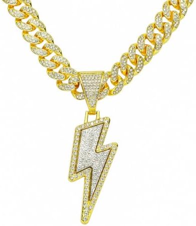 Bling Lightning Bolt CZ Iced Out Necklace for Men Boys,Fake Diamond Thick Cuban Link Chain Rapper Hip Hop Custume Jewelry 18K Gold/Platinum Plated with Sparkly Lightning Charms