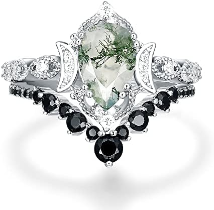 IRROYA Genuine Moissanite Bridal Sets - 1.50 Carat Pear Cut Natural Moss Agate Wedding Sets - Milgrain Floral Half Eternity Engagement Ring - Round Cut Created Black Spinel Wedding Band - Art Deco Pla