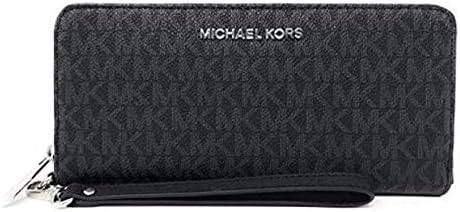Michael Kors Jet Set Travel Continental Zip Around Leather Wallet Wristlet (Black PVC/Silver Hardware)