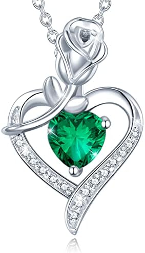 AGVANA Mothers Day Gifts Rosy Reverie Birthstone Necklace for Women Sterling Silver Genuine or Created Gemstone Rose Flower Heart Pendant Necklace Anniversary Birthday Gifts for Women Mom Wife Her