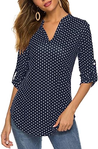 Halife Women's Roll Up 3/4 Sleeve Floral Print V Neck Tunic Blouses Tops Shirts