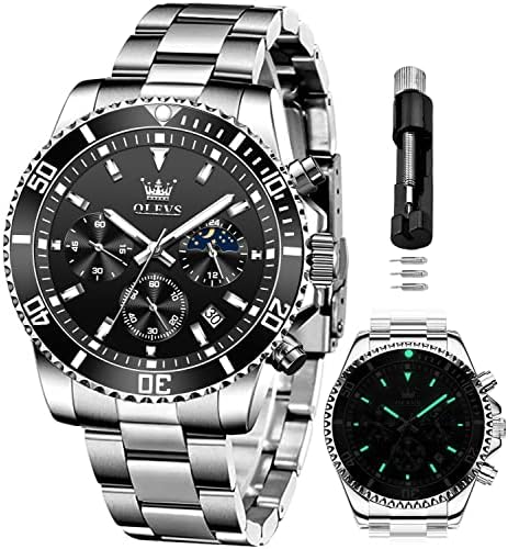 OLEVS Mens Watches Chronograph Luxury Dress Moon Phase Quartz Stainless Steel Waterproof Luminous Business Calendar Wrist Watch