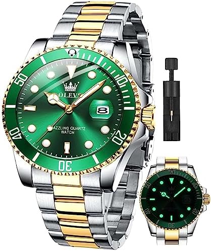 OLEVS Classic Wrist Watches,Men Business Watches Dress Watch with Day,Green/Black/White/Blue Face,Flywheel Multifunction Luminous Men Stainless Steel Wristwatch