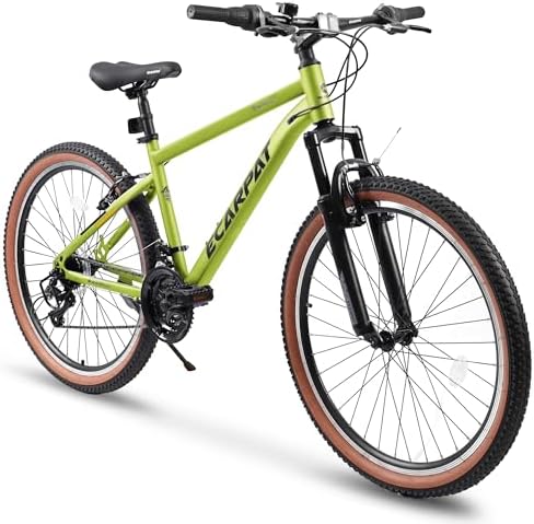 Rycheer Ecarpat 24 26 27.5 Inch Mountain Bike, 21 Speeds with V/Disc Brakes Aluminum/High-Carbon Steel Frame Mens Womens Mountain Bike, Front Suspension MTB Bicycle for Adult & Teenagers