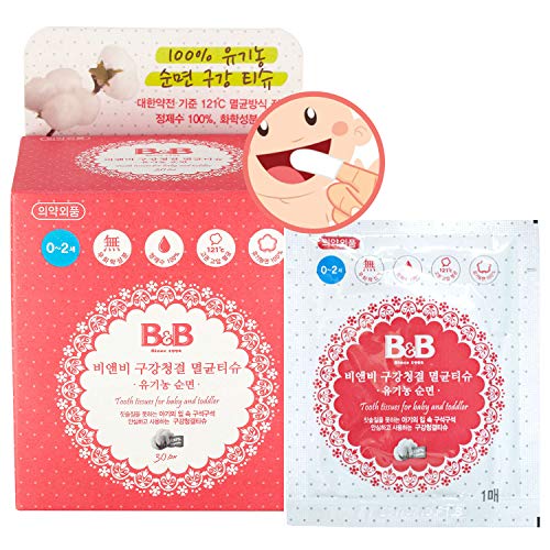 B&B Tooth Tissues for Baby & Toddler - 100% Cotton Infant Mouth Wipes to Maintain Oral Hygiene - Moist & Lint-free Toddler Teeth Wipes Clean Debris & Odor - Individually Wrapped, 60p (30p x 2 Box)