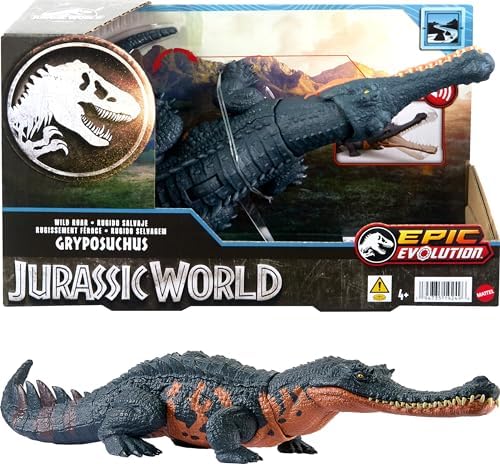 Jurassic World Wild Roar Gryposuchus Dinosaur Figure with Continuing Roar Sound & Attack Action, Posable Physical Toy & Digital Play