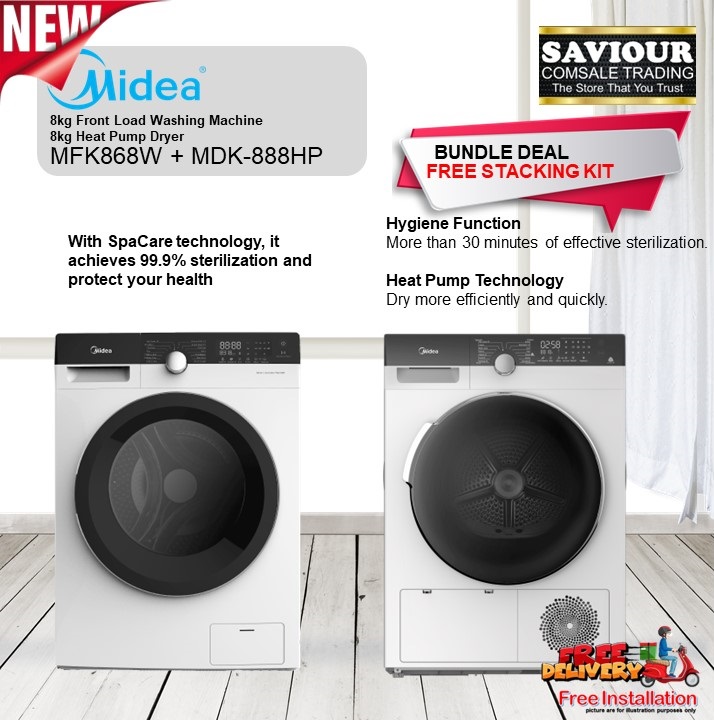 Bundle Deal - Midea MFK868W 8kg Front Load Washing Machine + Midea MDK-888HP 8kg Heat Pump Dryer - FREE STACKING KIT