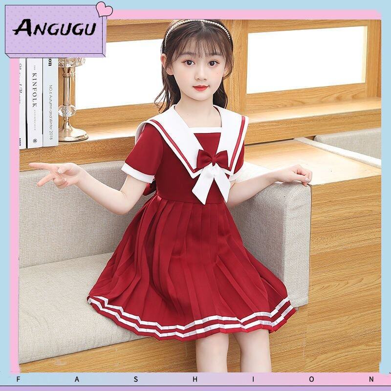 Angugu Girls Short Sleeve Dress Summer Dress Western Style Children's Princess Skirt Lorita JK Navy Style Little Girl Skirt College Style 2 To 12 Year Old for Teens Girls Terno Sale