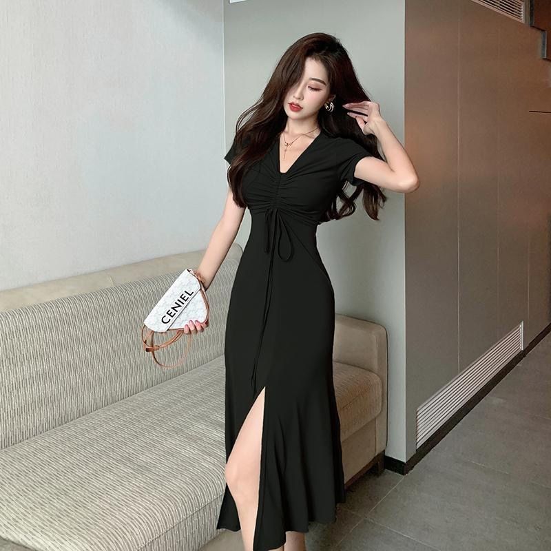 Dresss Korean Style Fashion Black V-neck Drawstring Short Sleeve Split Dress French Temperament Long Skirt