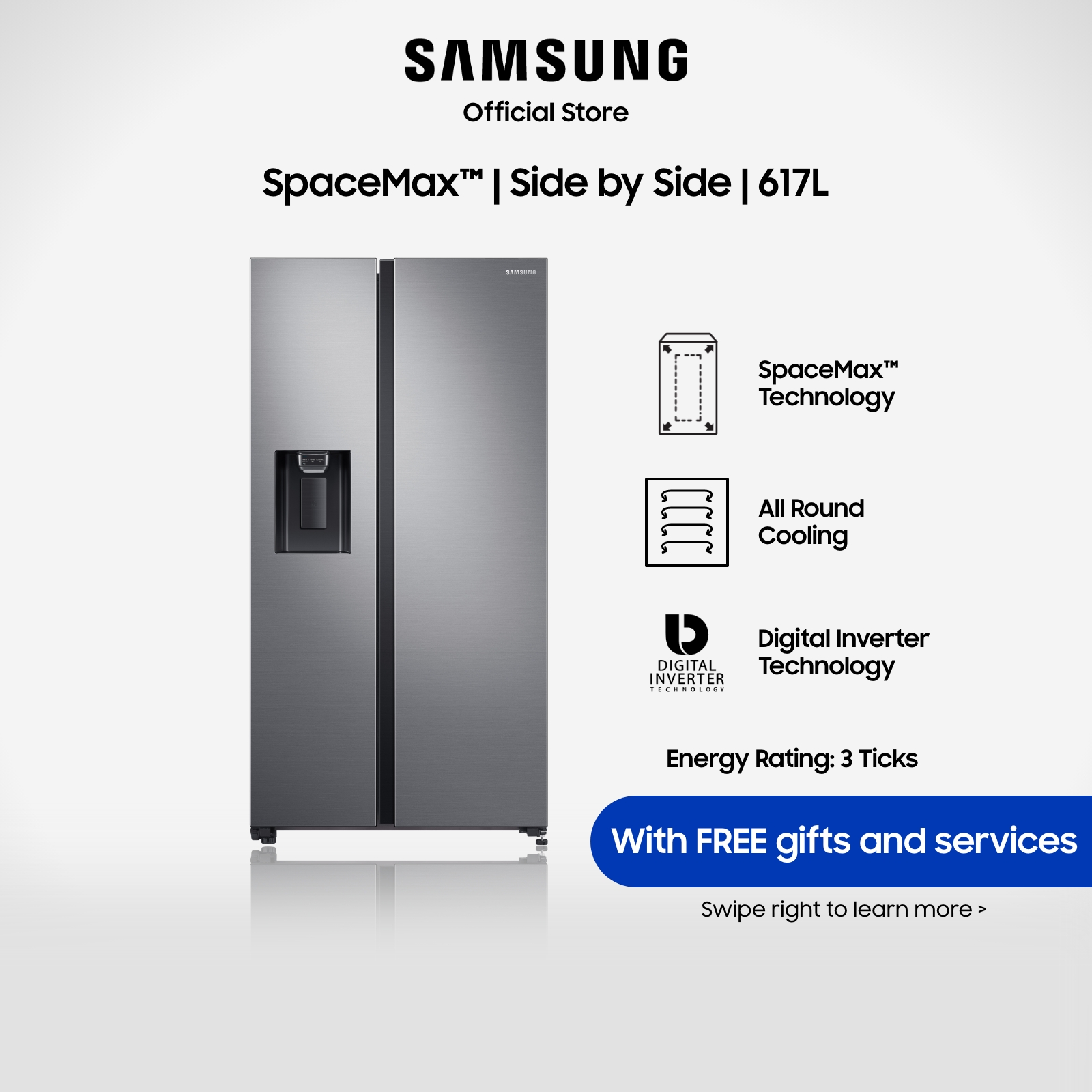 Samsung RS64R5306M9/SS, Side-by-side Refrigerator, 617L, 3 Ticks
