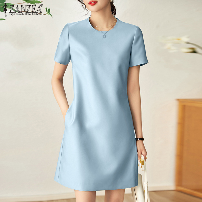 ZANZEA Korean Style Women's Dresses Elegant Short Sleeve O-Neck Side Pockets Party Prom Solid Dress #11
