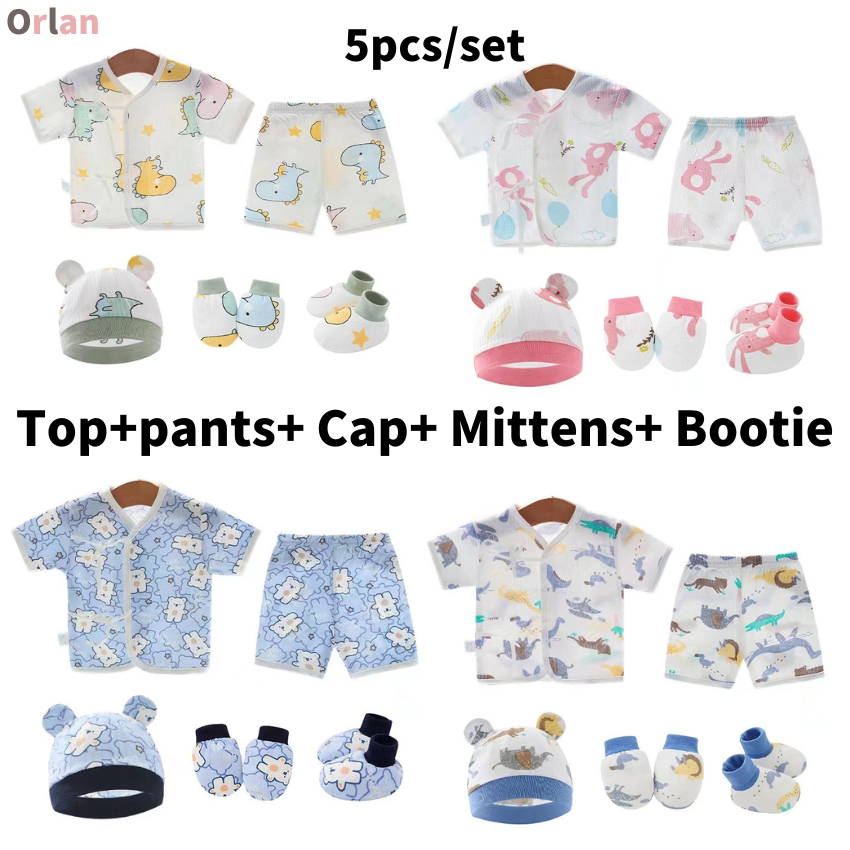 5pcs/set Newborn Baby Clothes Sets Top+pants+ Cap+ Mittens+ Bootie for Girl and Boy Clothing Cute Cotton Thin Soft Sleepsuit