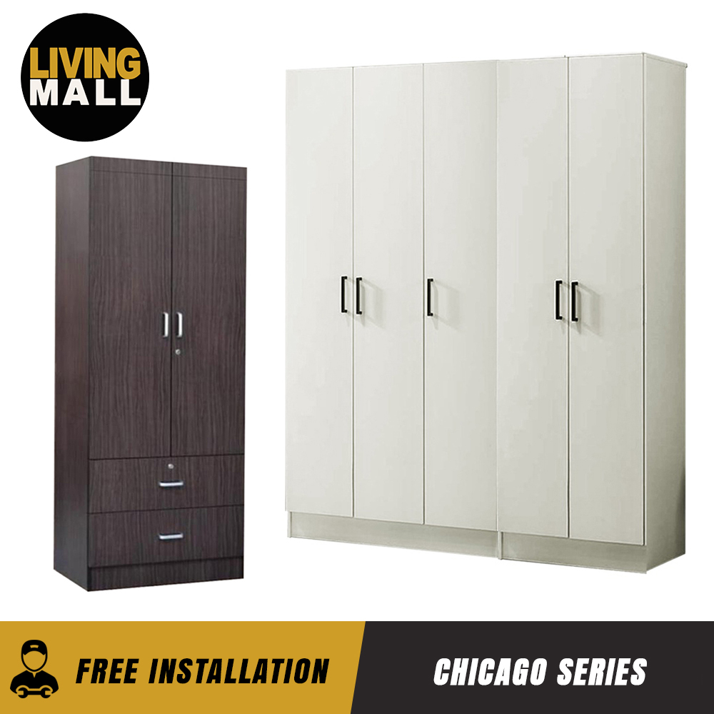 Living Mall Chicago Series 2/3/4/5 Door Wardrobe In White, Whitewash And Walnut Color