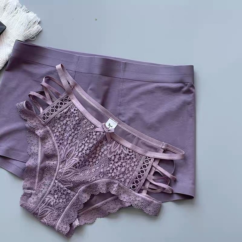High Quality Couple Underwear Panties Set Sexy Purple High End Lace Women Panty Ice Silk Men Boxers Briefs Set Romantic Lovers Suit 2Pcs Breathable Cotton Fashion set for Wedding H xcc