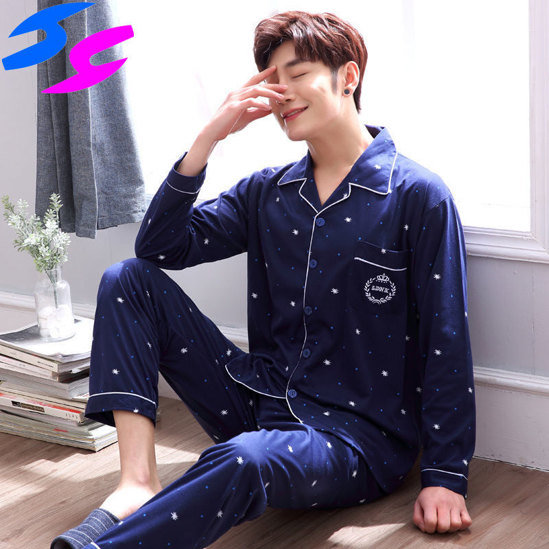 HY Men's Pajama Sets Spring Summer Man Pajamas Set Simple Sleepwear long Sleeve Printed Pajamas For Men Top Pant Casual Outwear