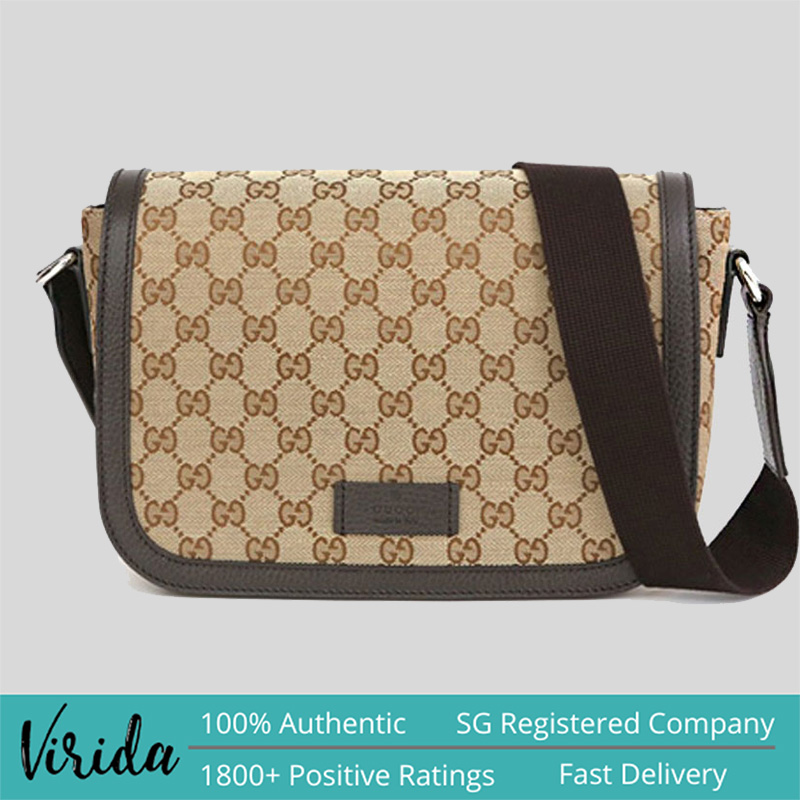 GUCCI Unisex Signature GG Canvas Flap Crossbody Bag Beige 449172