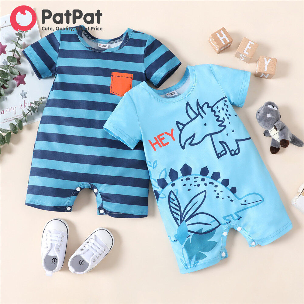 PatPat Baby Boy Clothes Stripe Dinosaur Print Short-sleeve Romper Jumpsuit